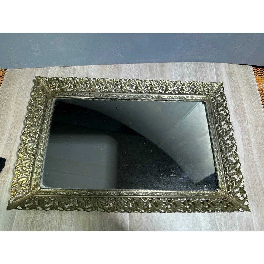 Ornate Gold Tone Vanity Tray Mirror